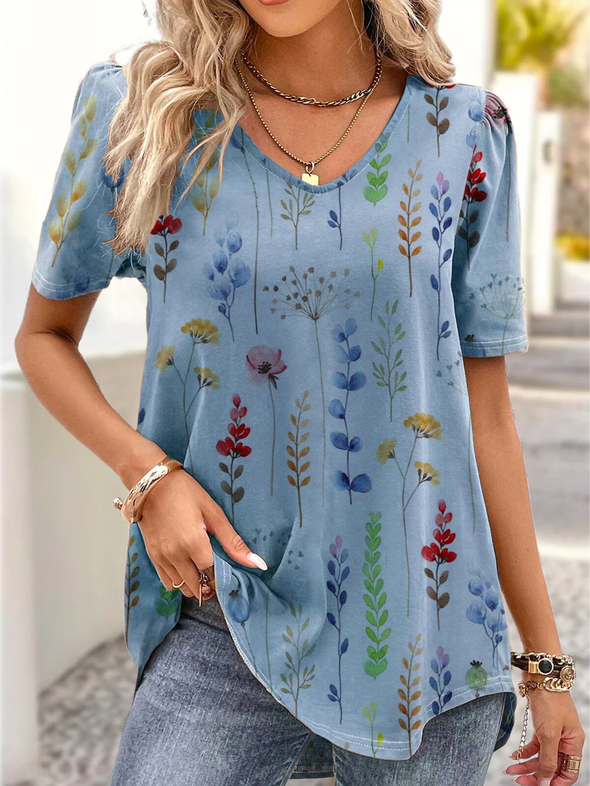 V Neck Casual Loose Floral Blouse