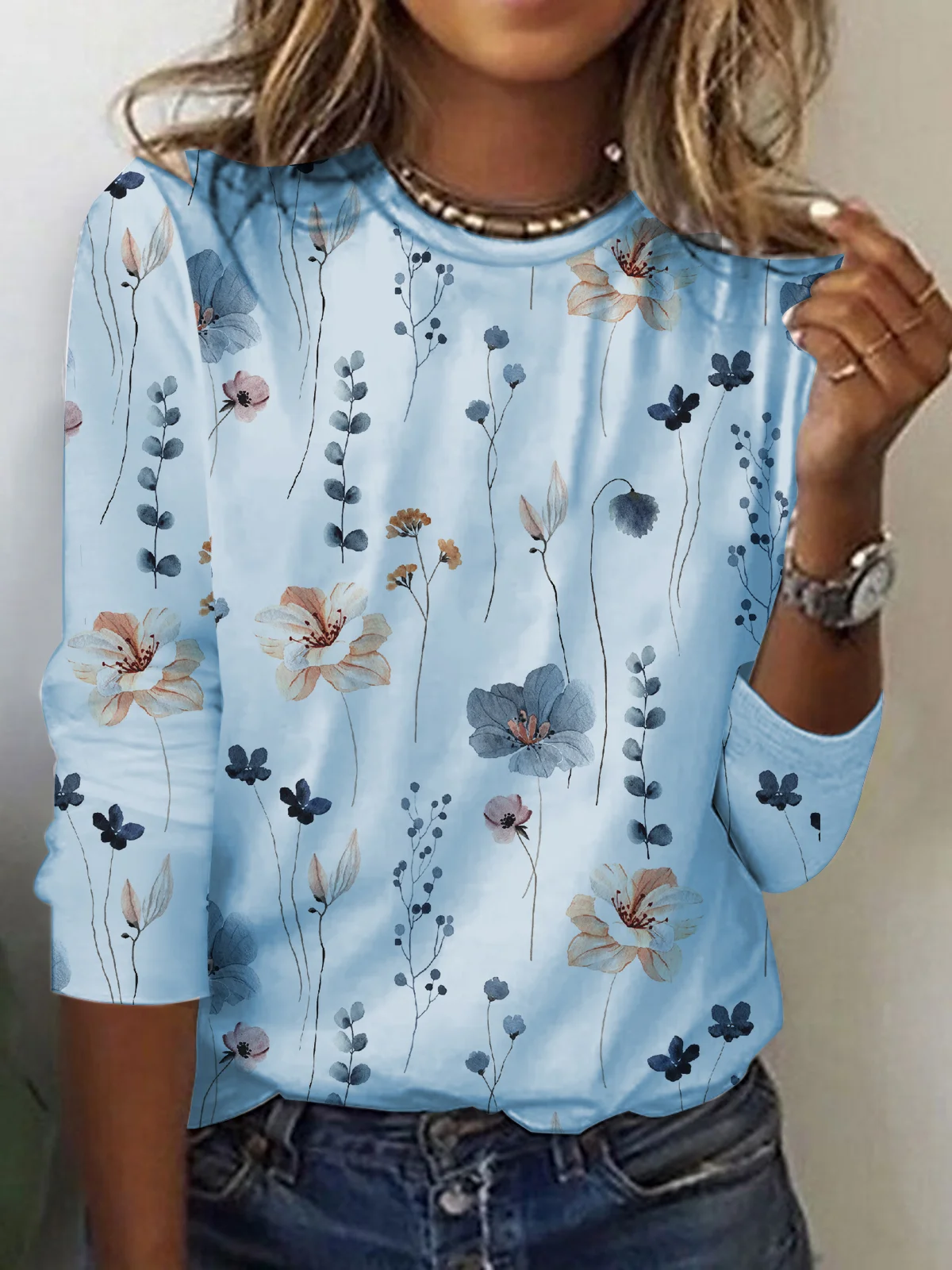 Country Floral Casual Crewneck Knit T-Shirt | justfashionnow