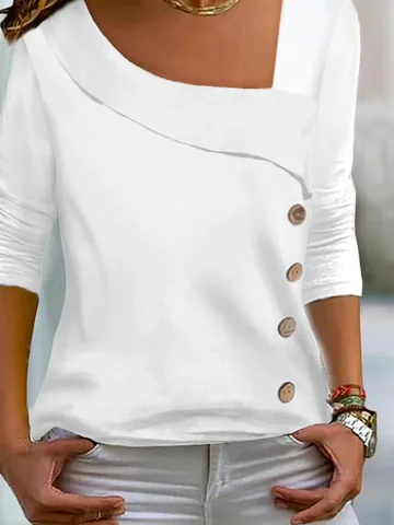 Asymmetrical Neck Buttoned Plain Casual Long Sleeve Blouse | justfashionnow