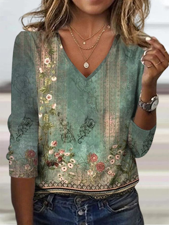 Women's Ethnic Floral Long Sleeve Tee T-shirt V Neck Casual Spring/Fall Top