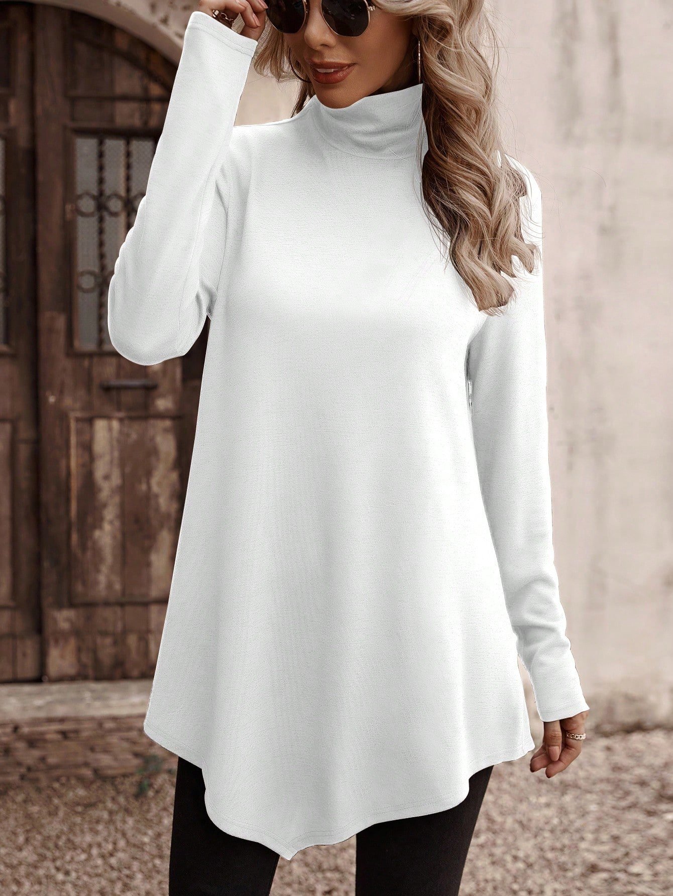 Casual Plain Turtleneck T-Shirt Asymmetric Tunic