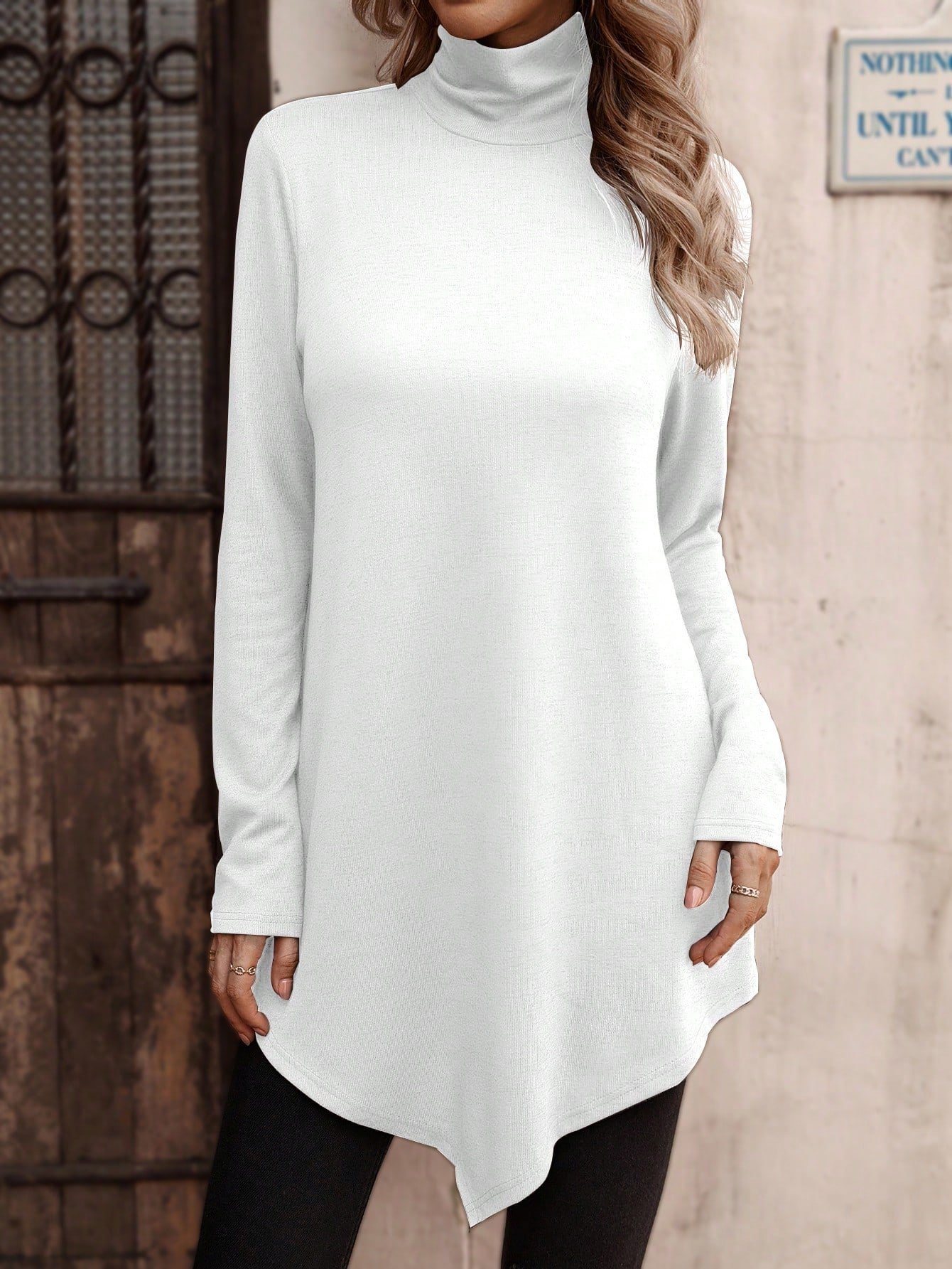 Casual Plain Turtleneck T-Shirt Asymmetric Tunic