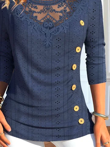 Eyelet Casual Buttoned Lace Plain T-Shirt