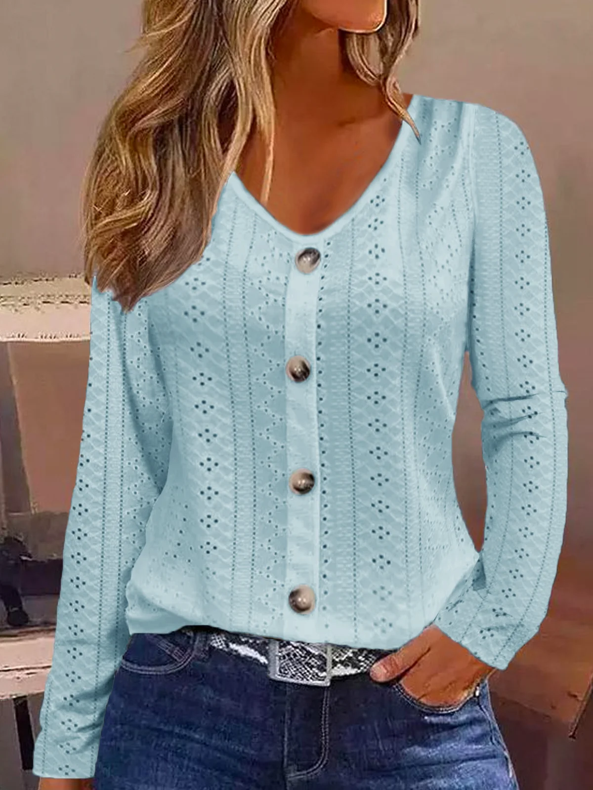 Buttoned Plain Casual Eyelet Embroidery Blouse