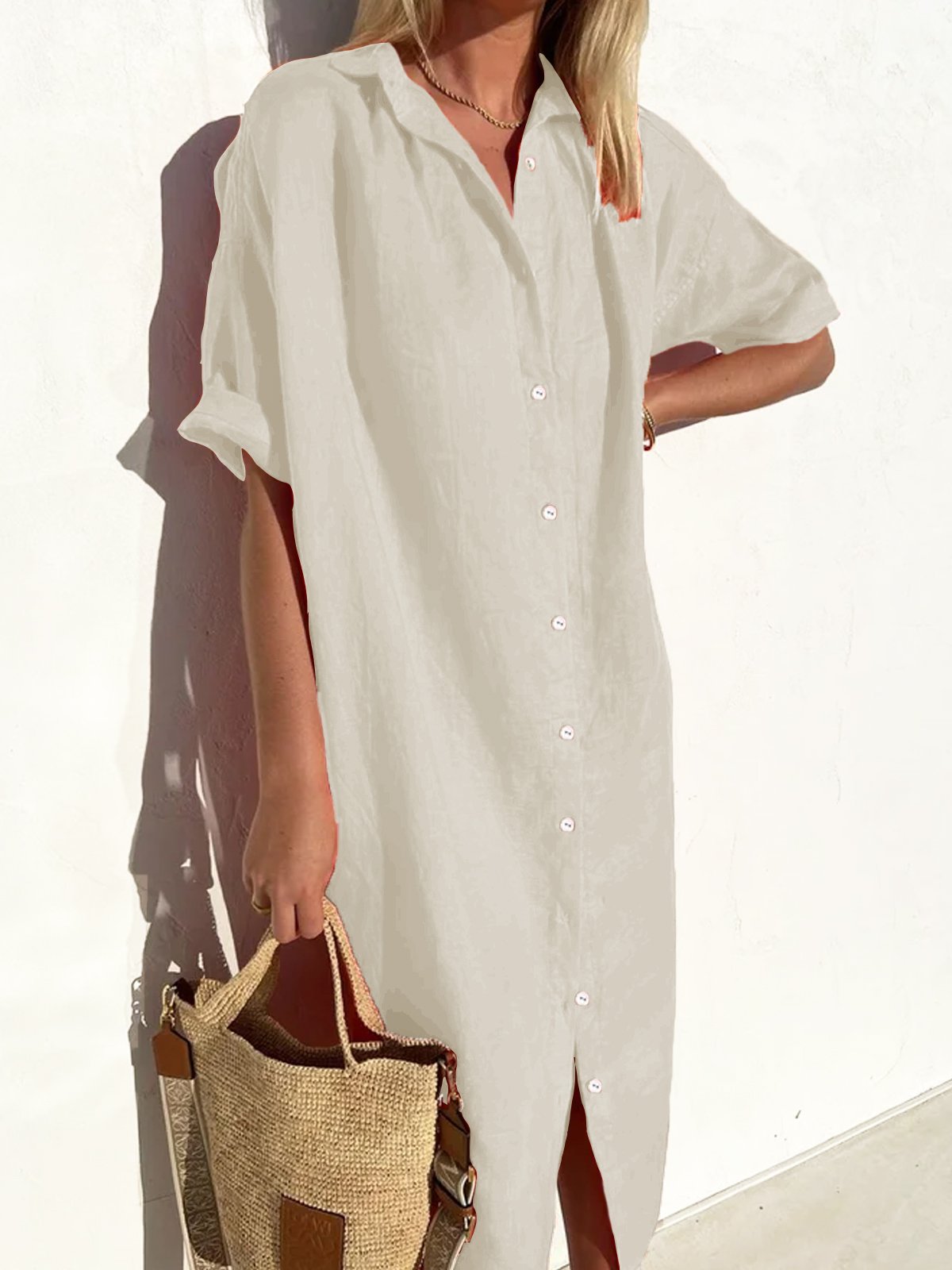 JFN Cotton & Linen Shirt Dress Half Sleeve Dress Maxi Button Down Dresses Spring Summer