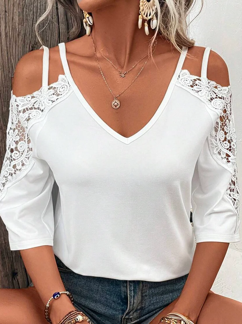 Lace Spaghetti Loose Elegant Contrast Lace Cold Shoulder Shirt