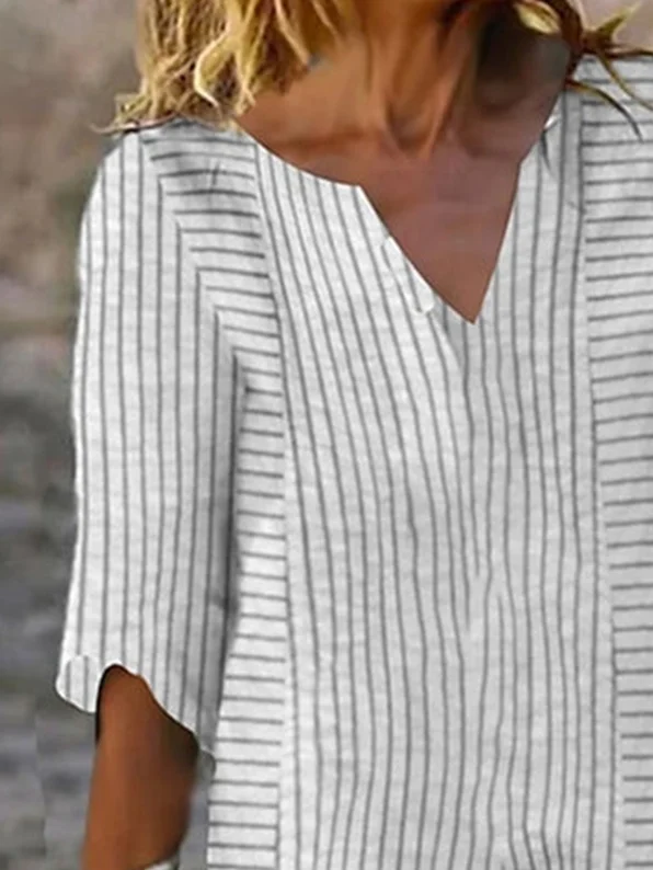 Women's 3/4 Sleeve Summer Gray Striped V Neck Daily Going Out Casual Midi H-Line Shift Dress