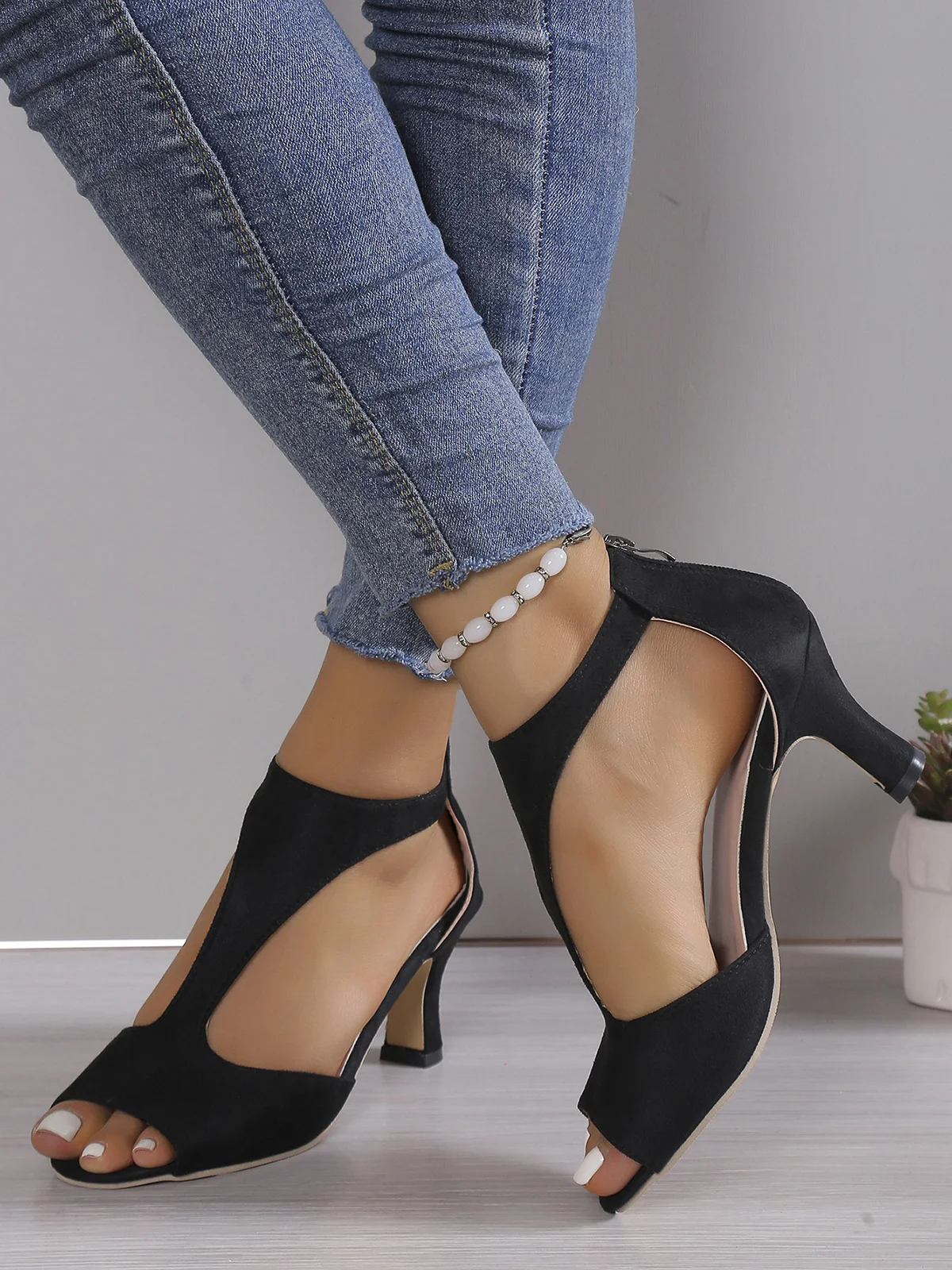 Black Suede Cutout Strap Peep Toe Mid Heel Sandals | justfashionnow