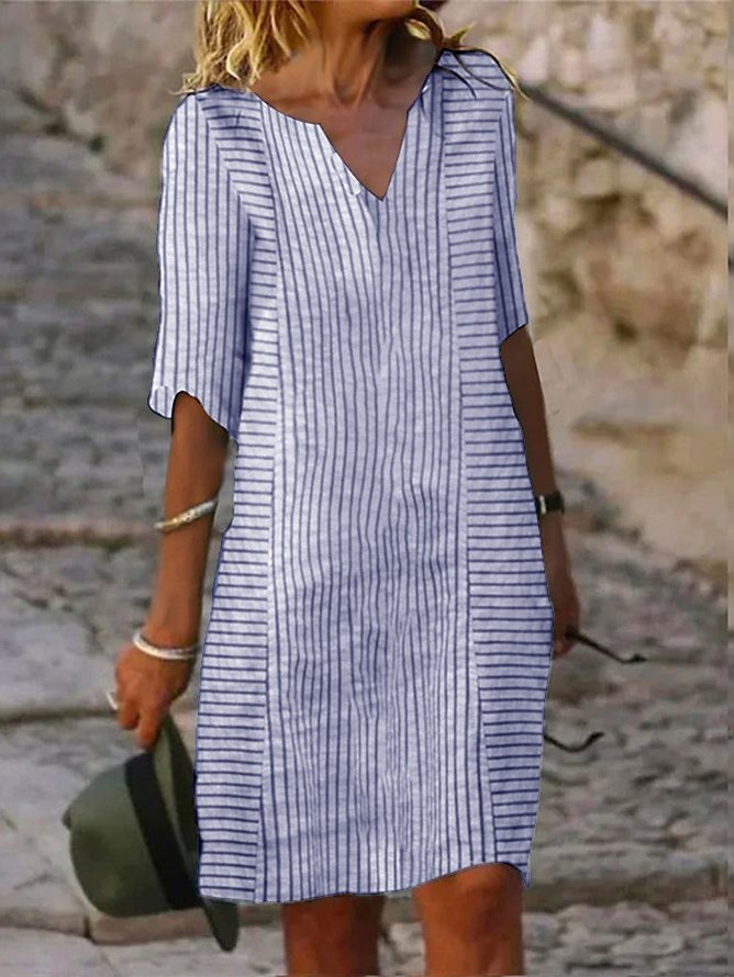 Women's 3/4 Sleeve Summer Gray Striped V Neck Daily Going Out Casual Midi H-Line Shift Dress