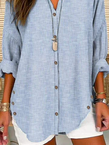 Women's Long Sleeve Shirt Spring/Fall Striped Buckle Shirt Collar Daily Going Out Casual Top