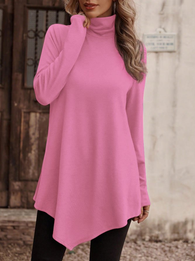 Casual Plain Turtleneck T-Shirt Asymmetric Tunic