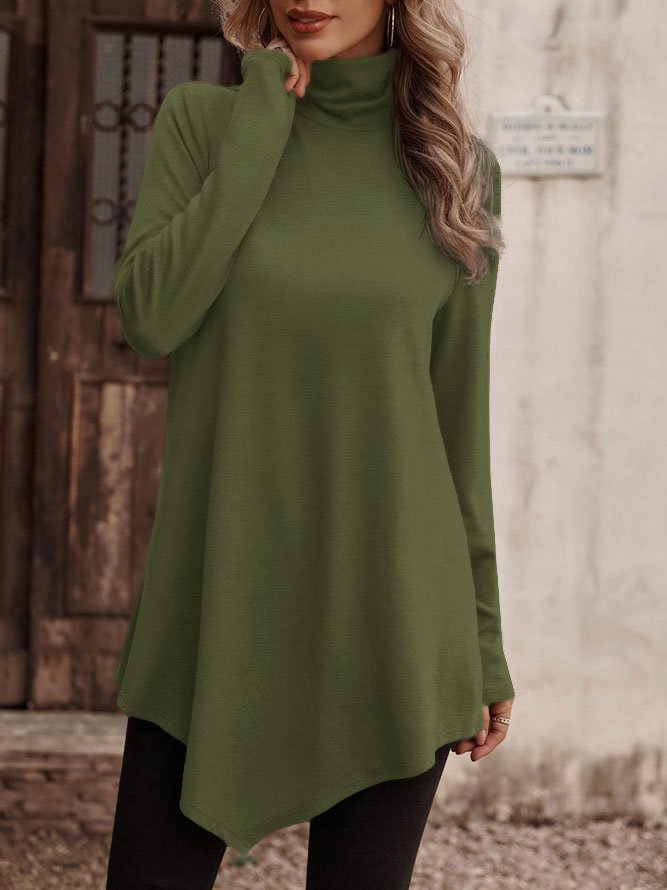 Casual Plain Turtleneck T-Shirt Asymmetric Tunic