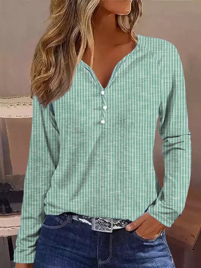 V Neck Loose Casual Striped Shirt