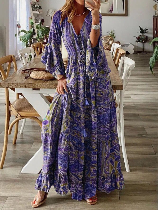 Women's Long Sleeve Spring/Fall Floral Dress V Neck Holiday Going Out Boho Maxi A-Line Ruffle Skirt