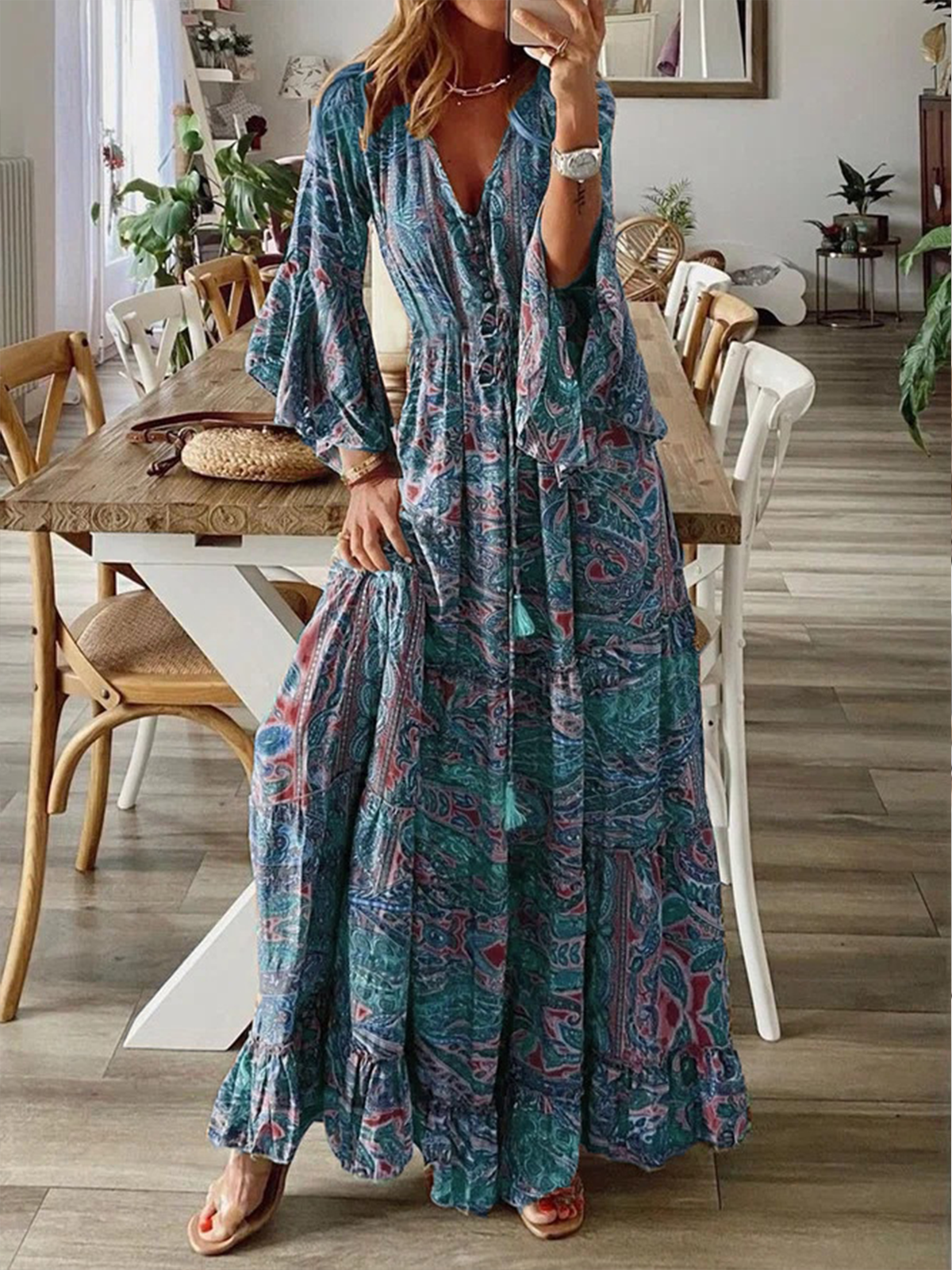 Women's Long Sleeve Spring/Fall Floral Dress V Neck Holiday Going Out Boho Maxi A-Line Ruffle Skirt