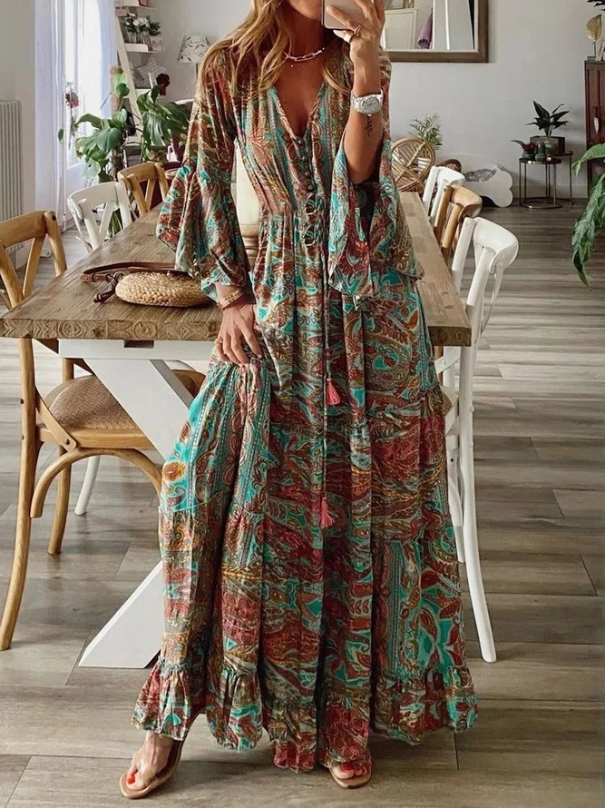 Women's Long Sleeve Spring/Fall Floral Dress V Neck Holiday Going Out Boho Maxi A-Line Ruffle Skirt