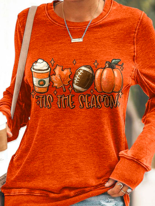 Casual Halloween Football Tis The Season Pumpkin Maple Leaf Print Sweatshirt