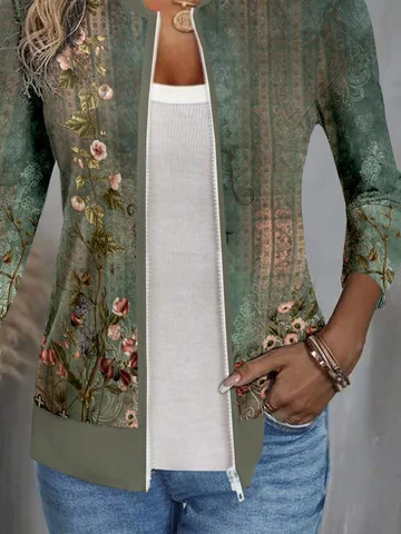 Women's Spring/Fall Outerwear Casual Jersey Zipper Floral Long Sleeve Jacket