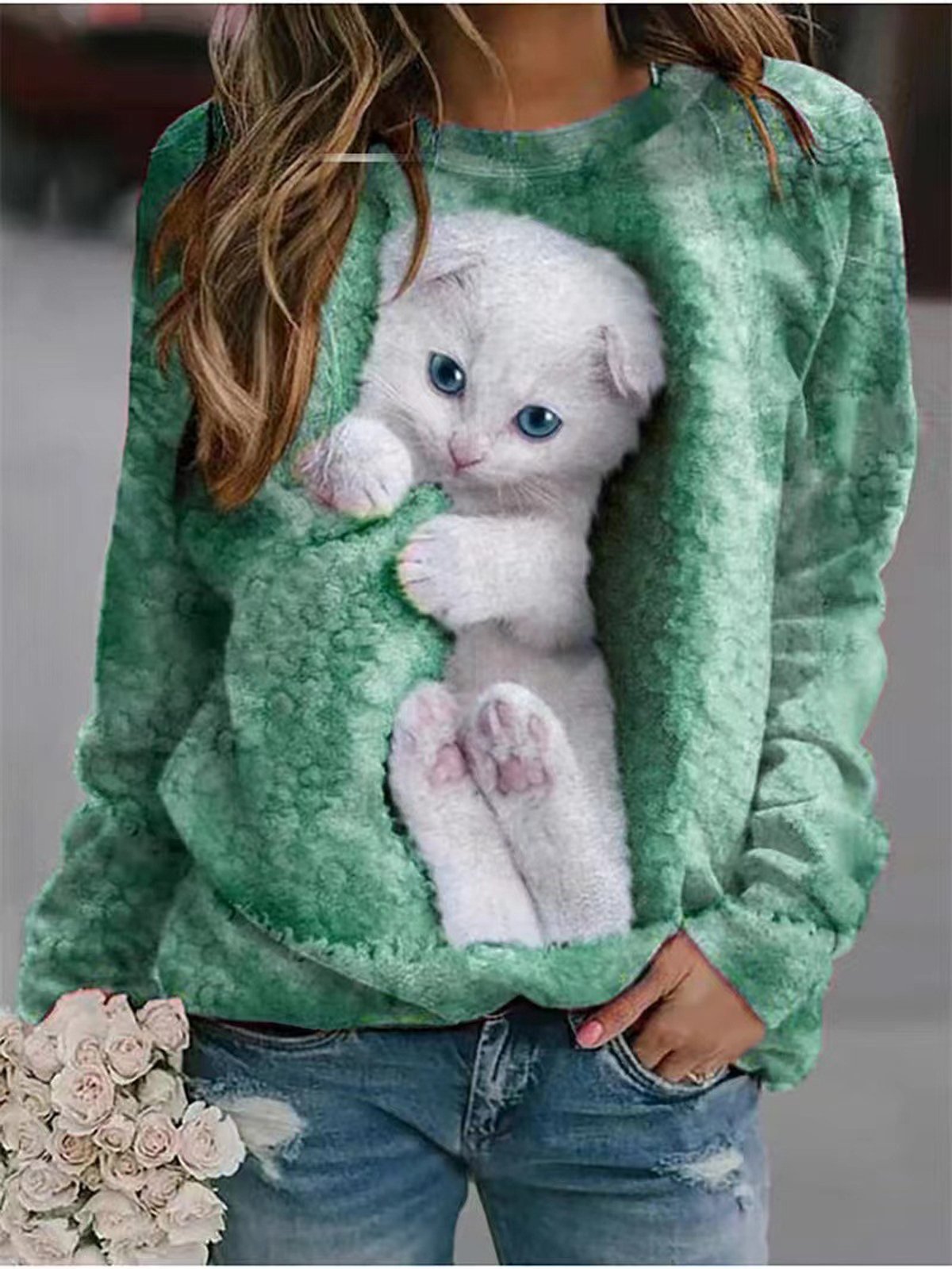 Women's Crew Neck Cat Casual Spring/Fall Long Sleeve Sweatshirt