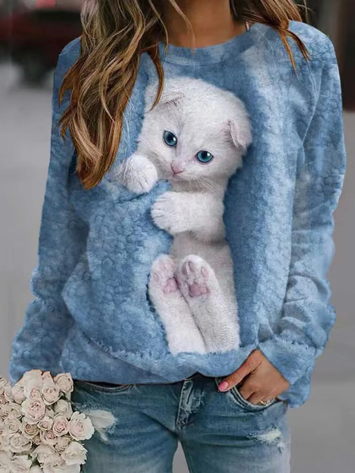 Women's Crew Neck Cat Casual Spring/Fall Long Sleeve Sweatshirt