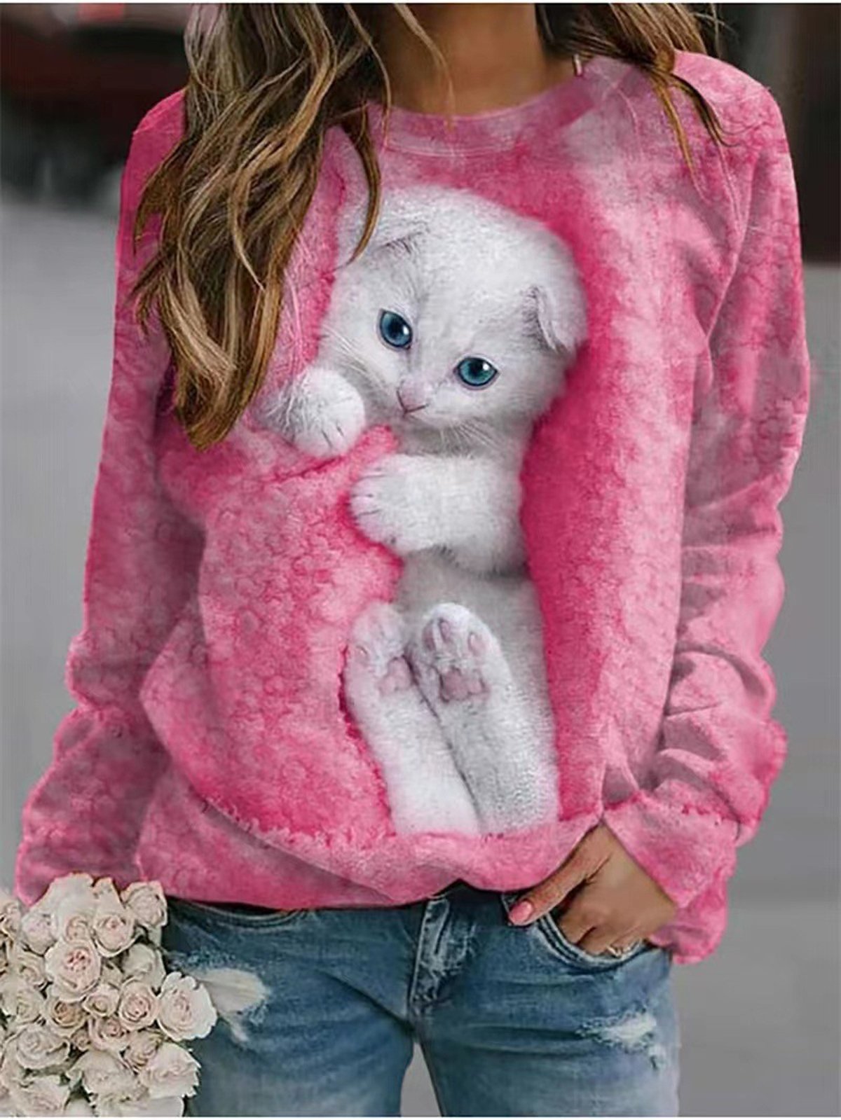 Women's Crew Neck Cat Casual Spring/Fall Long Sleeve Sweatshirt