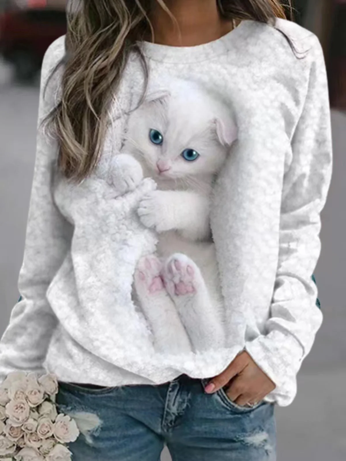 Women's Crew Neck Cat Casual Spring/Fall Long Sleeve Sweatshirt