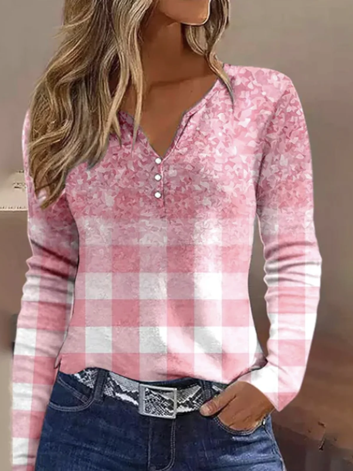 Women's Long Sleeve Tee T-shirt Spring/Fall Plaid Buttoned Jersey Notched Daily Going Out Casual Top