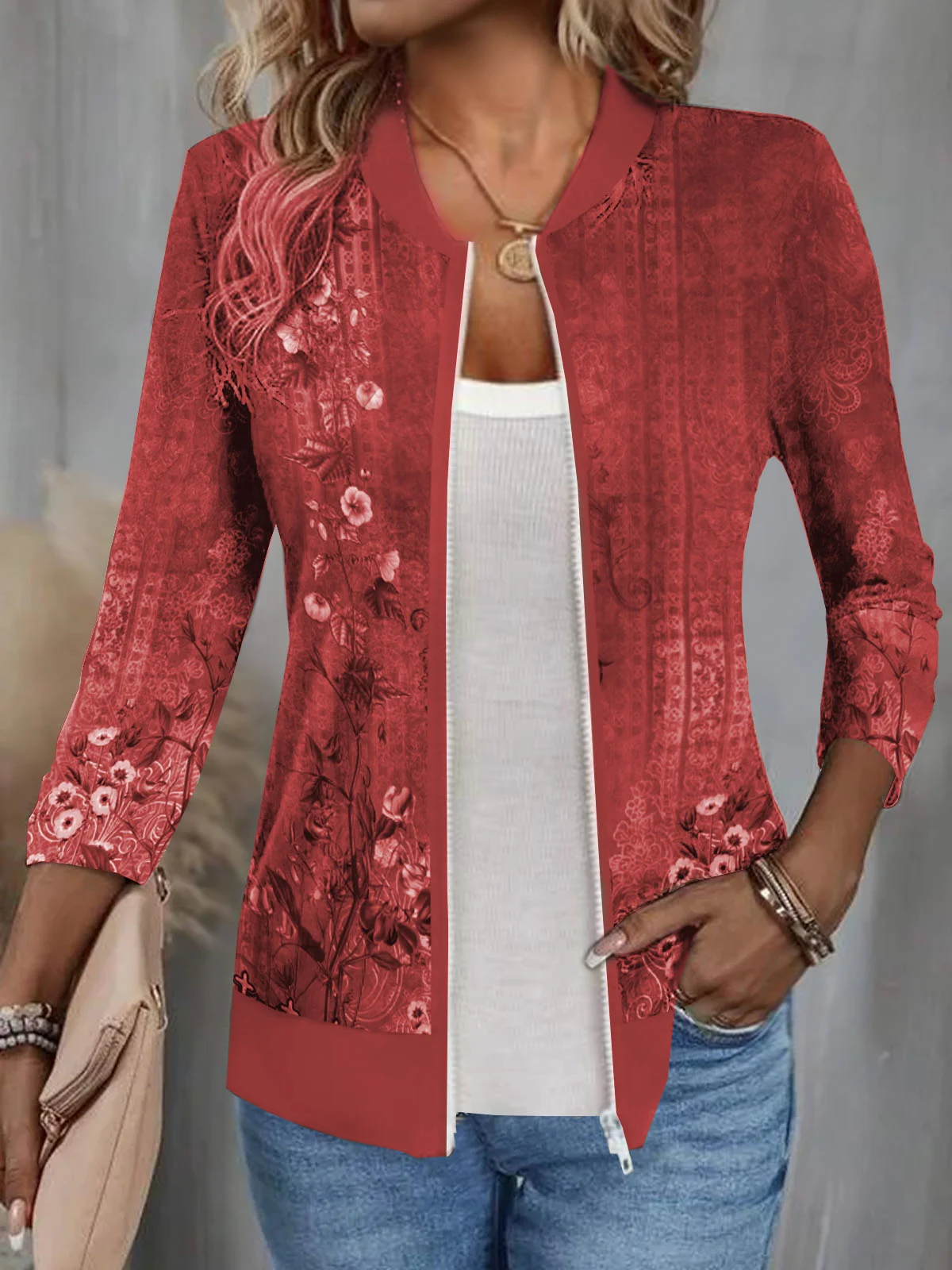 Women's Spring/Fall Outerwear Casual Jersey Zipper Floral Long Sleeve Jacket