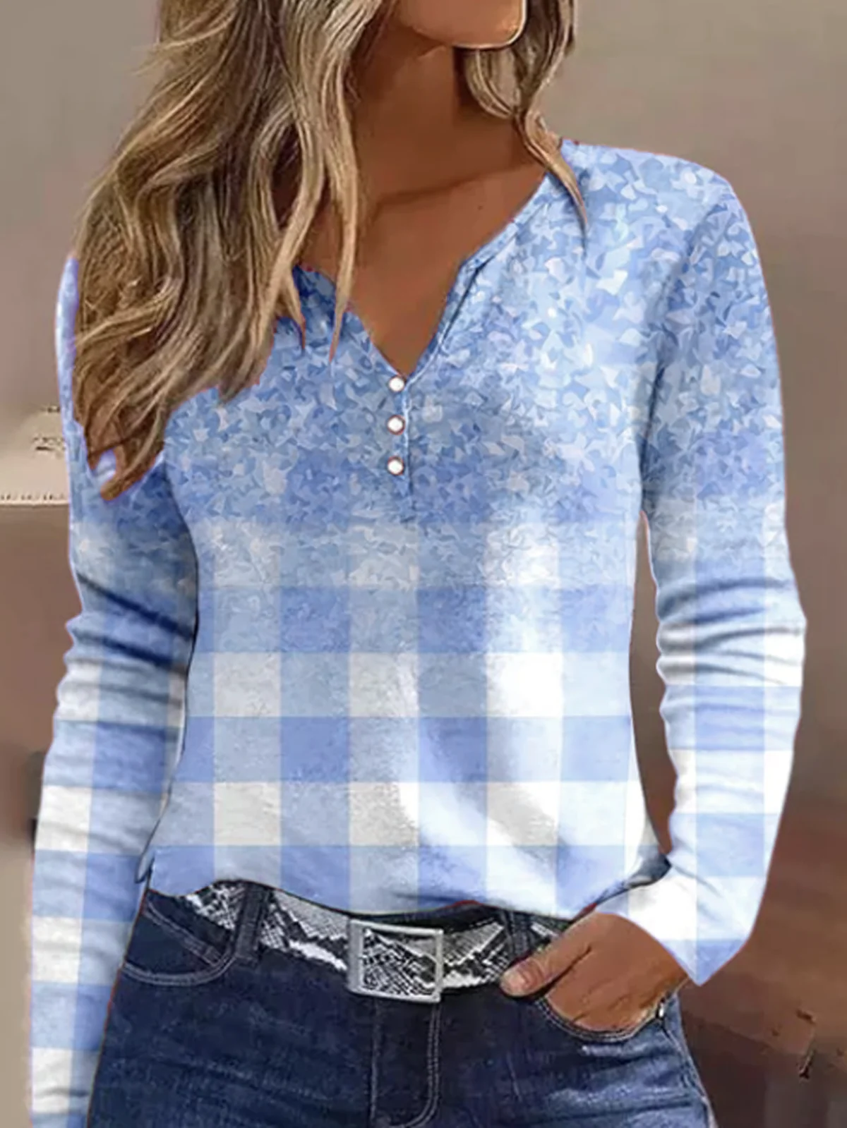 Women's Long Sleeve Tee T-shirt Spring/Fall Plaid Buttoned Jersey Notched Daily Going Out Casual Top