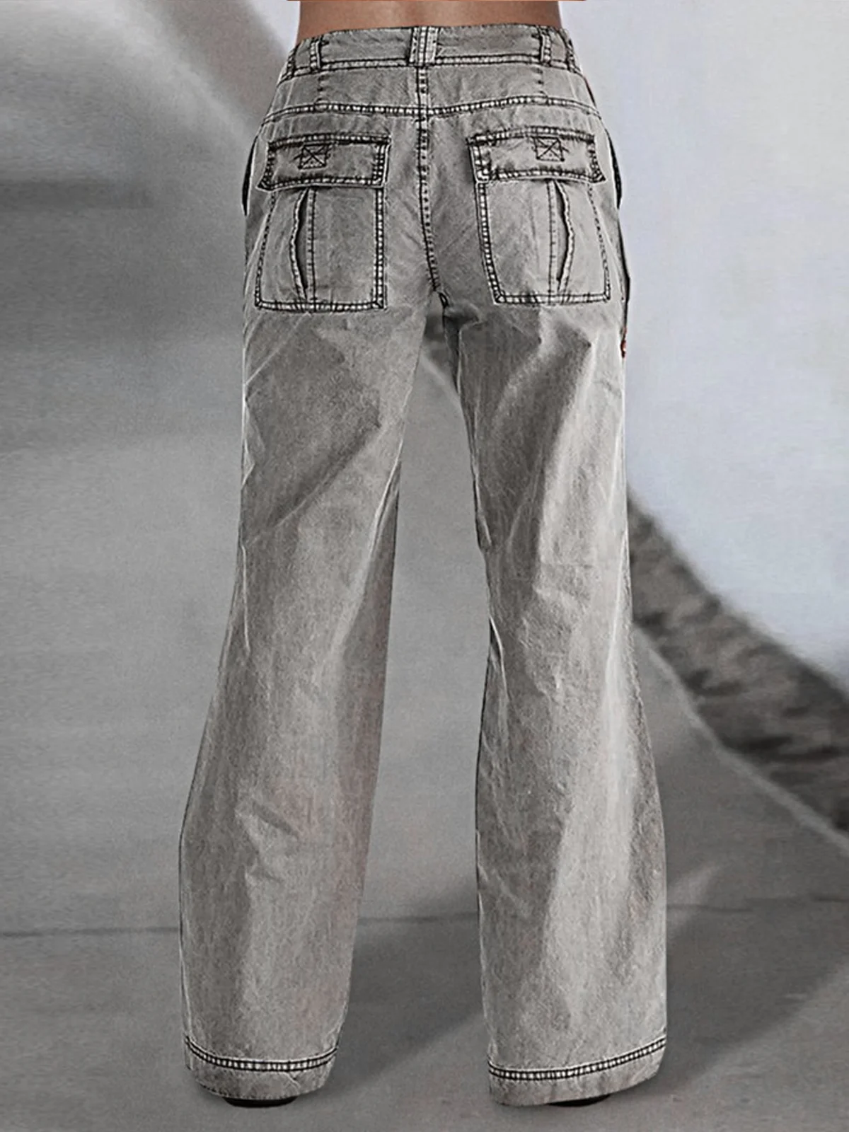 Buttoned Cotton Plain Casual Flap Pocket Low Rise Wide Leg Cargo Pants
