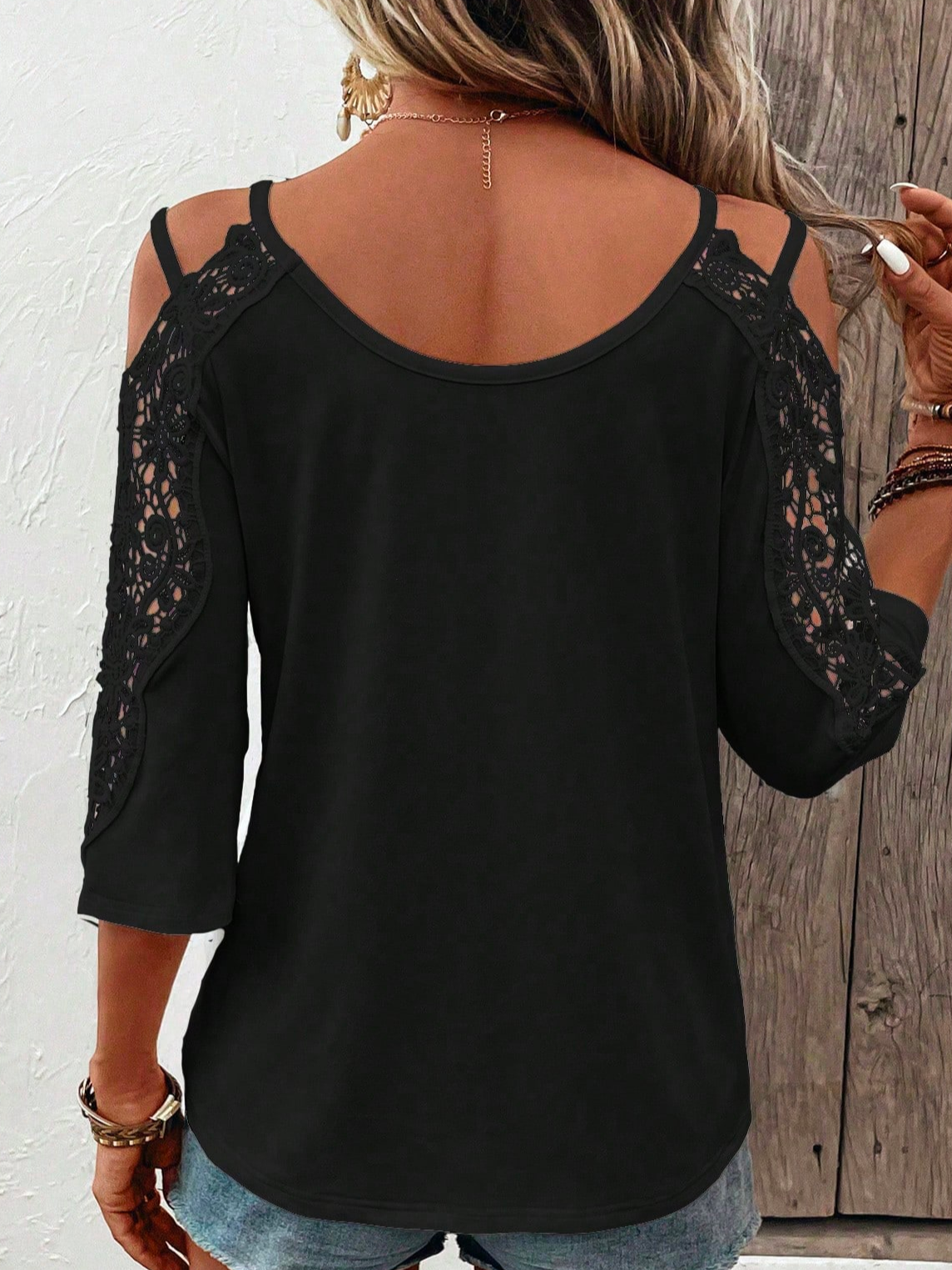 Lace Spaghetti Loose Elegant Contrast Lace Cold Shoulder Shirt