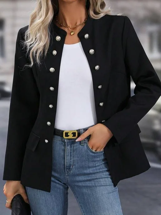 Women's Spring/Fall Outerwear Casual Buckle Plain Long Sleeve Jacket