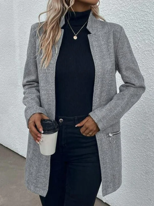 Women's Autumn Outerwear Casual Zipper Herringbone Long Sleeve Jacket