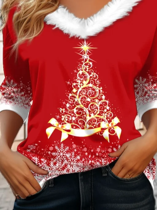 Casual Fur Collar Christmas Tree T-Shirt