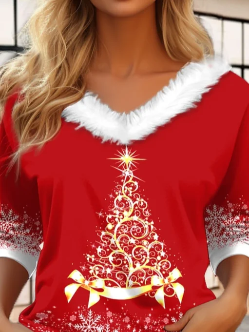 Casual Fur Collar Christmas Tree T-Shirt