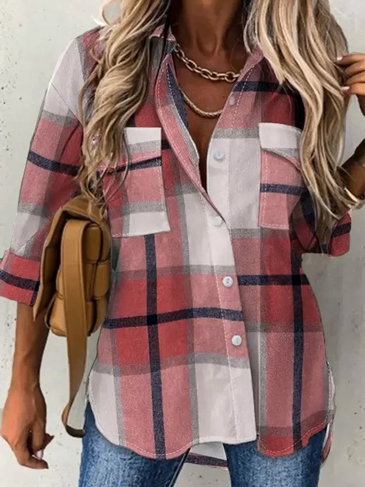 Plus size Casual Plaid Loose Shirt Collar Blouse