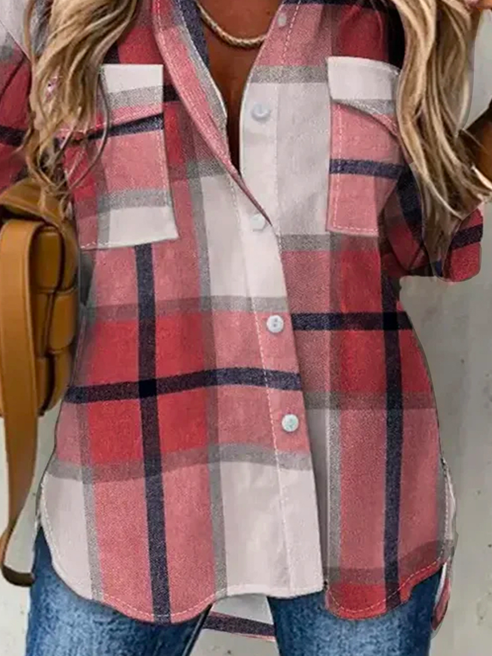 Plus size Casual Plaid Loose Shirt Collar Blouse