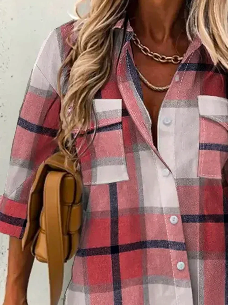 Plus size Casual Plaid Loose Shirt Collar Blouse