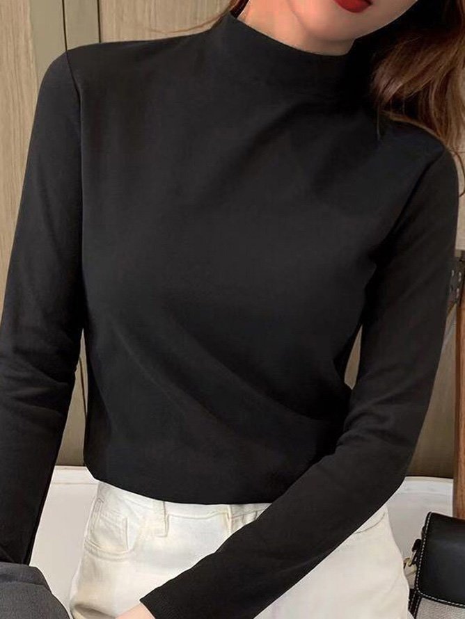 Women's Long Sleeve Tee T-shirt Spring/Fall Plain Knitted Mock Neck Daily Going Out Casual Top