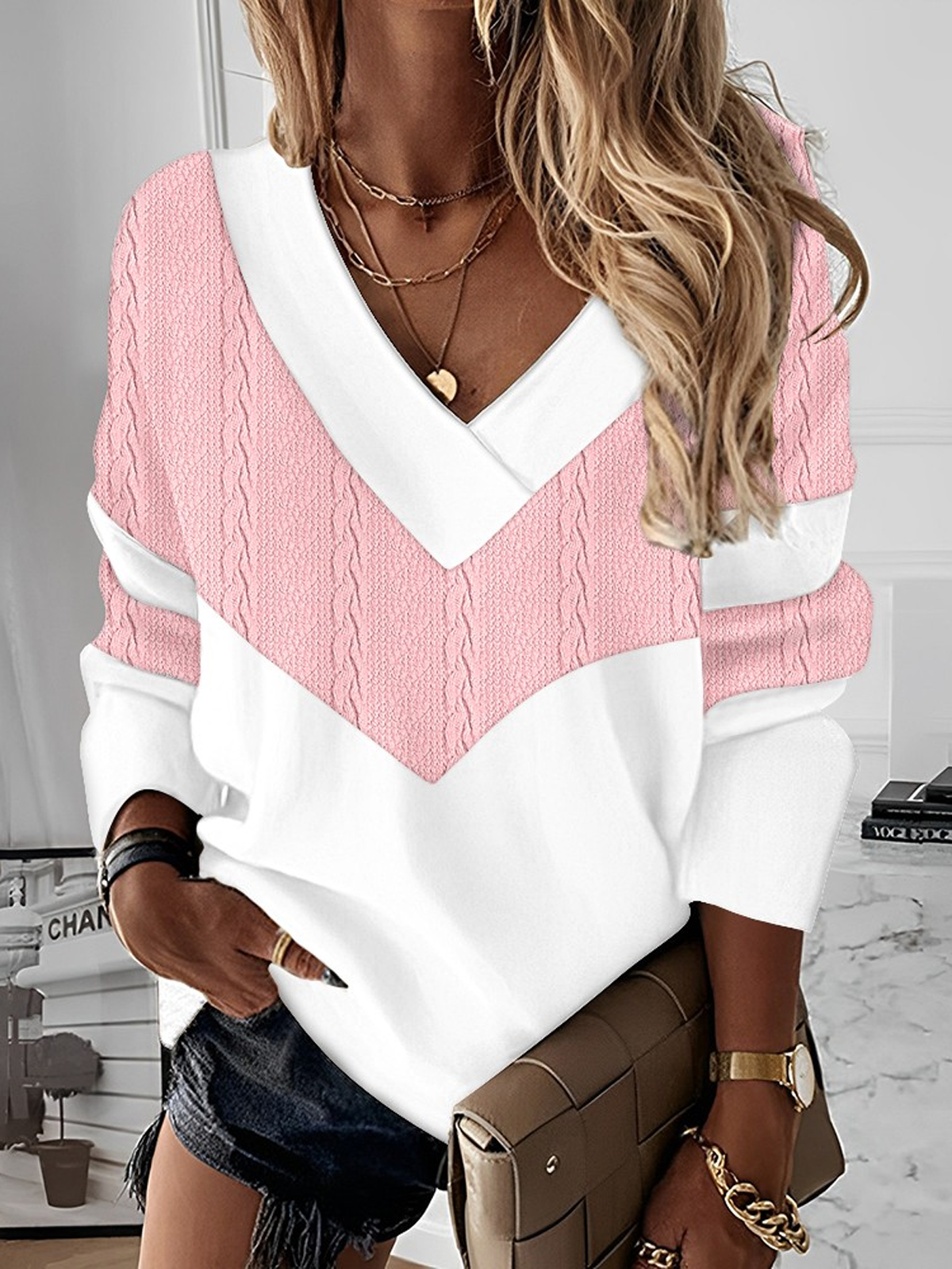 Women's V Neck Color Block Casual Spring/Fall Long Sleeve Sweatshirt