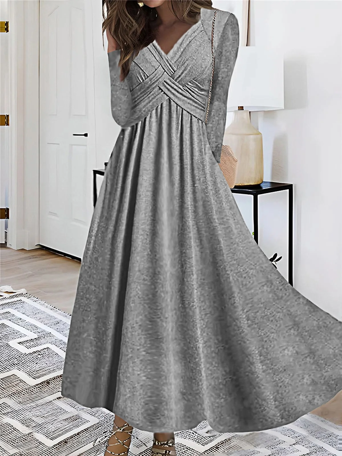 Women's Long Sleeve Spring/Fall Plain Dress V Neck Daily Going Out Casual Maxi A-Line