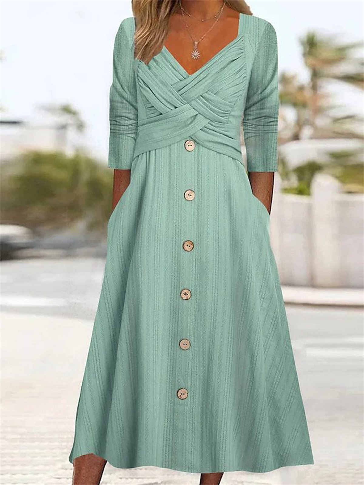 Women's Long Sleeve Spring/Fall Plain Buckle Dress V Neck Daily Going Out Casual Maxi A-Line