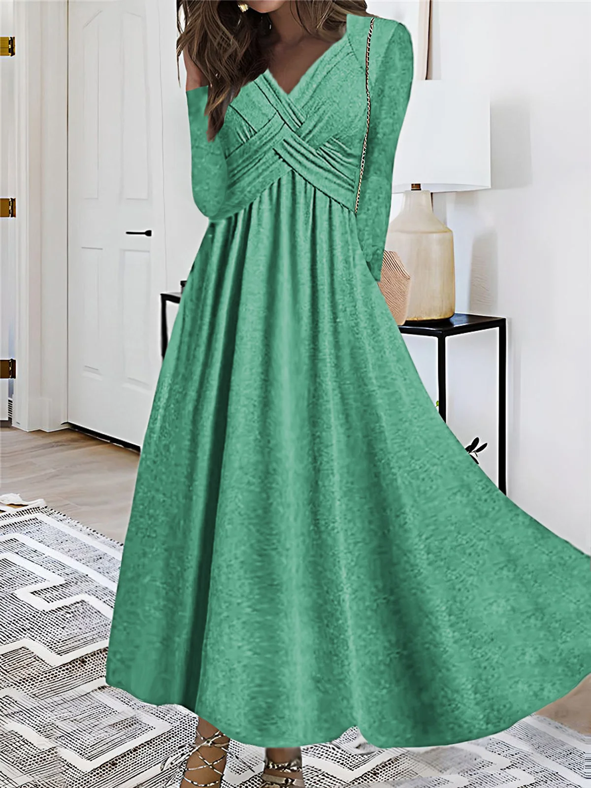 Women's Long Sleeve Spring/Fall Plain Dress V Neck Daily Going Out Casual Maxi A-Line