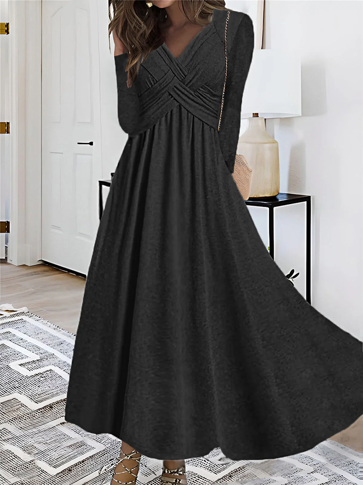 Women's Long Sleeve Spring/Fall Plain Dress V Neck Daily Going Out Casual Maxi A-Line