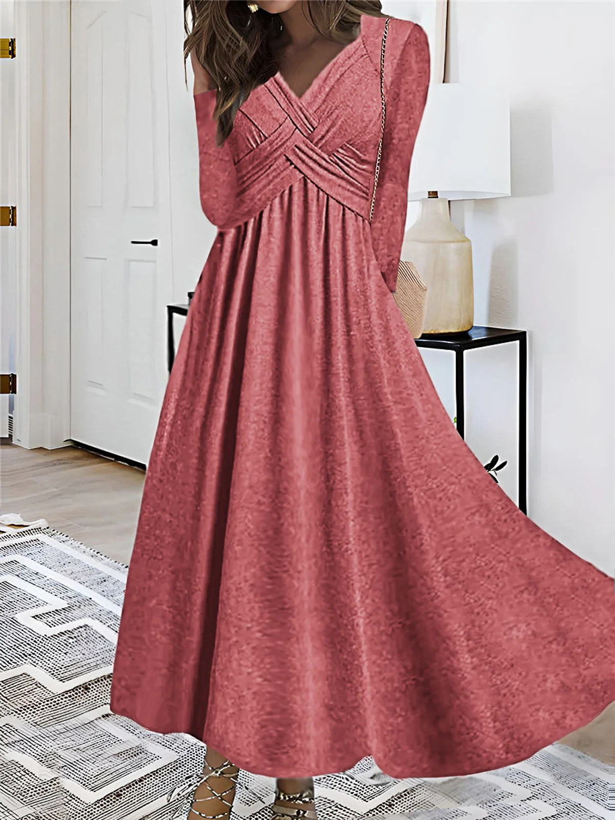 Women's Long Sleeve Spring/Fall Plain Dress V Neck Daily Going Out Casual Maxi A-Line