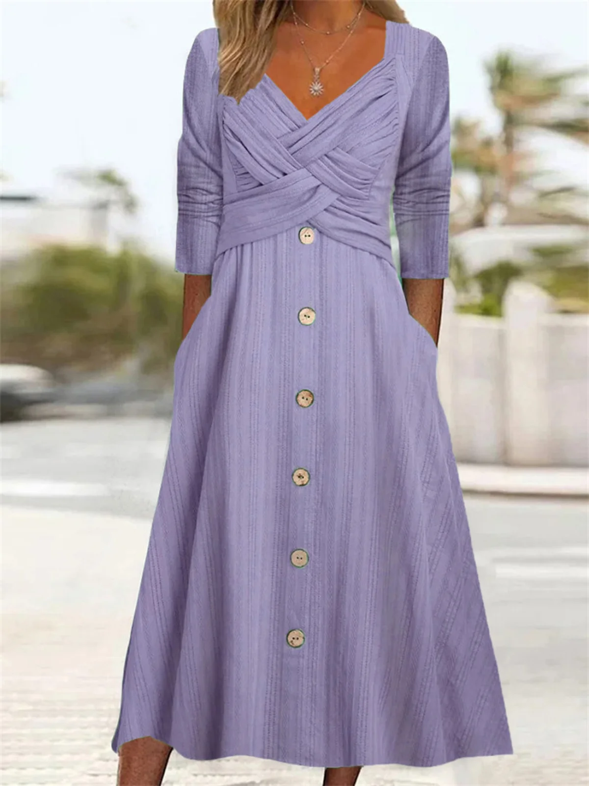 Women's Long Sleeve Spring/Fall Plain Buckle Dress V Neck Daily Going Out Casual Maxi A-Line