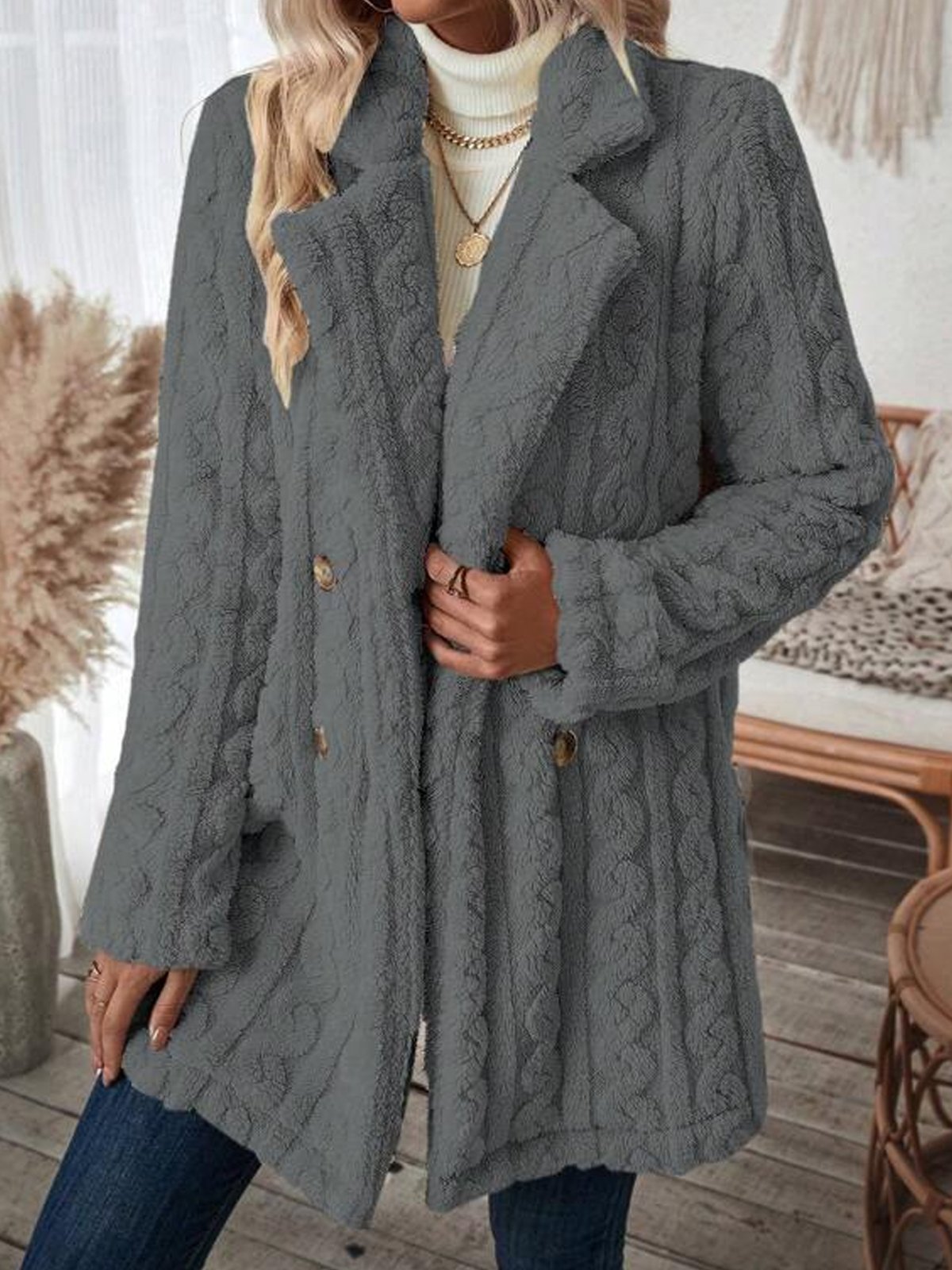 Women's Winter Outerwear Casual Plain Long Sleeve Lapel Collar Fleece Coat