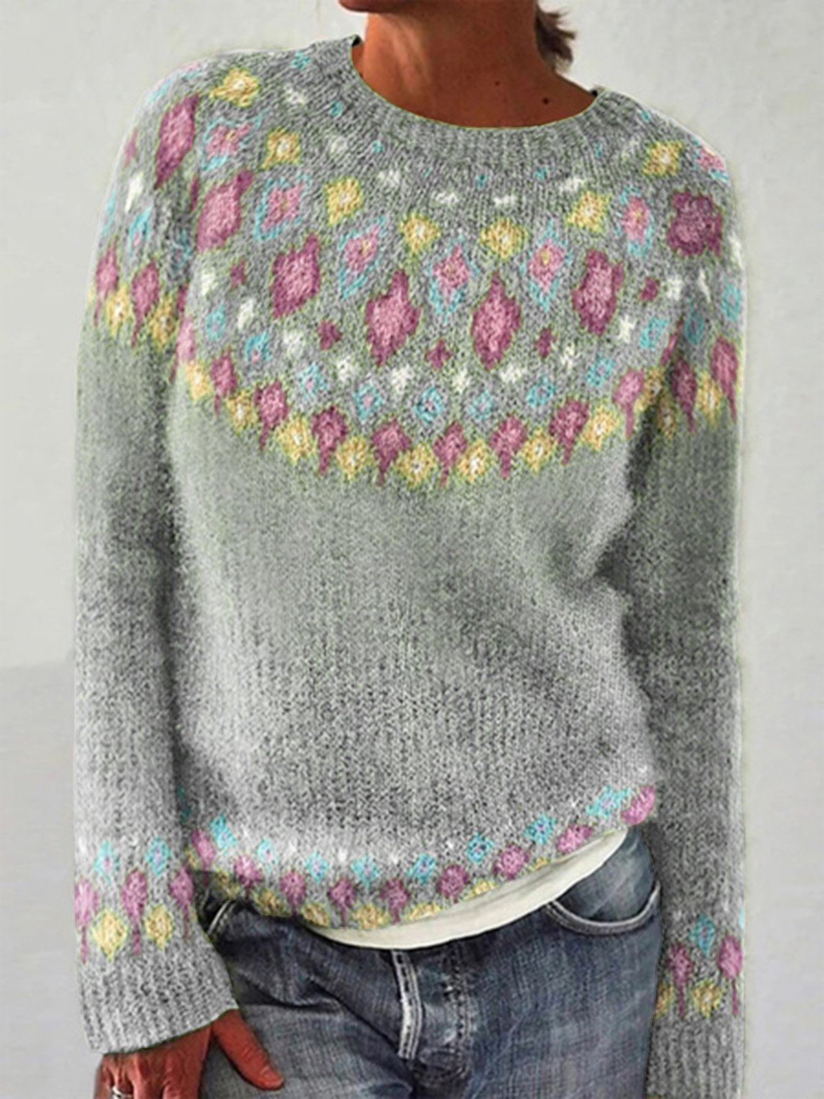 Crew Neck Ethnic Casual Loose Sweater