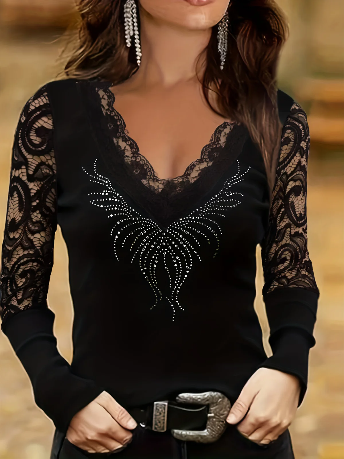 Hot Drilling Lace V Neck Elegant T-Shirt