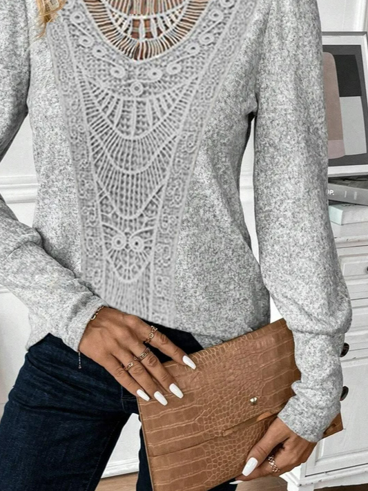 Women's Long Sleeve Tee T-shirt Spring/Fall Plain Lace Crew Neck Holiday Going Out Casual Top